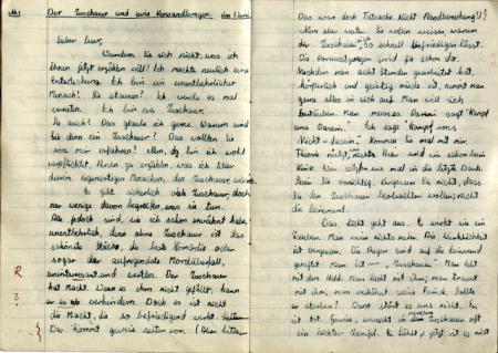 Strony z wypracowaniem w języku niemieckim na temat: „Widz i jego metamorfozy” [Der Zuschauer und seine Verwandlungen], po 1947 r. Deutsche Nationalbibliothek